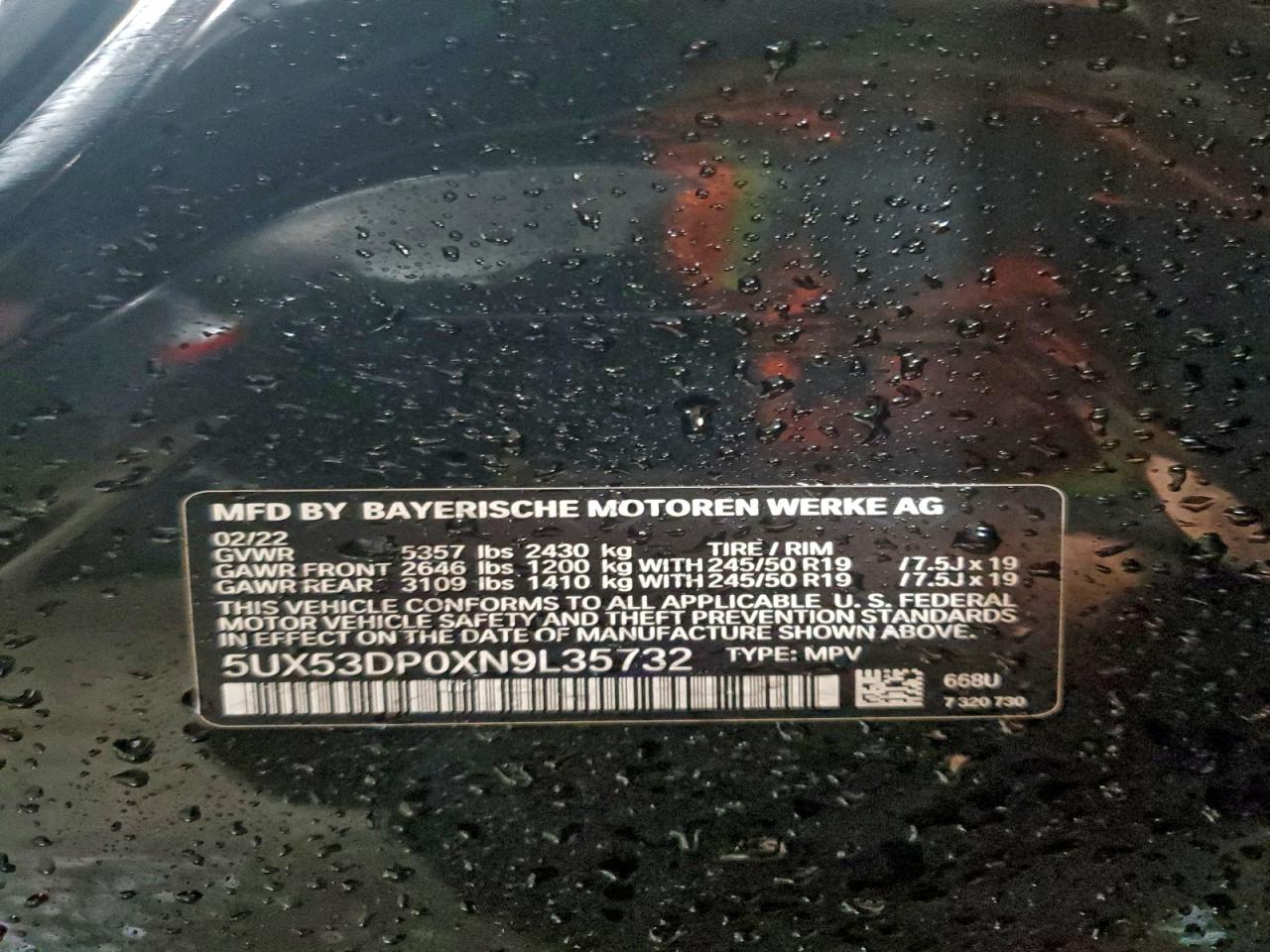 2022 BMW X3 xDrive30I VIN: 5UX53DP0XN9L35732 Lot: 93878785