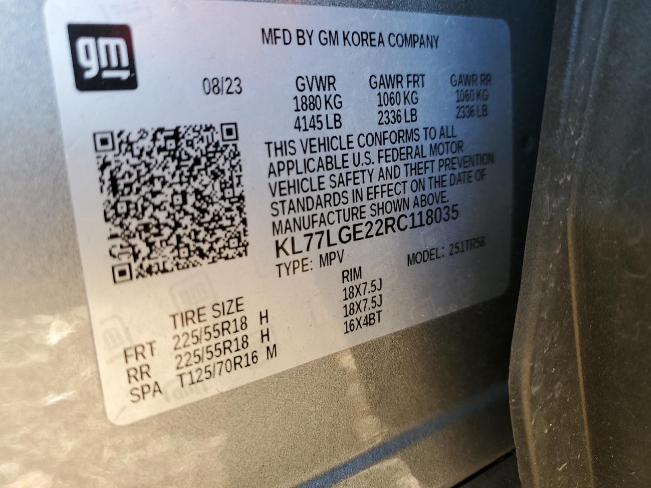 2024 Chevrolet Trax 1Rs VIN: KL77LGE22RC118035 Lot: 92226245