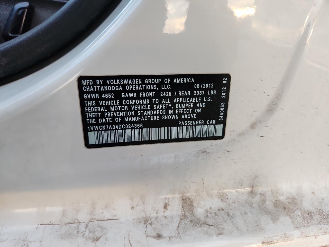 2013 Volkswagen Passat Sel VIN: 1VWCN7A34DC024366 Lot: 87279145