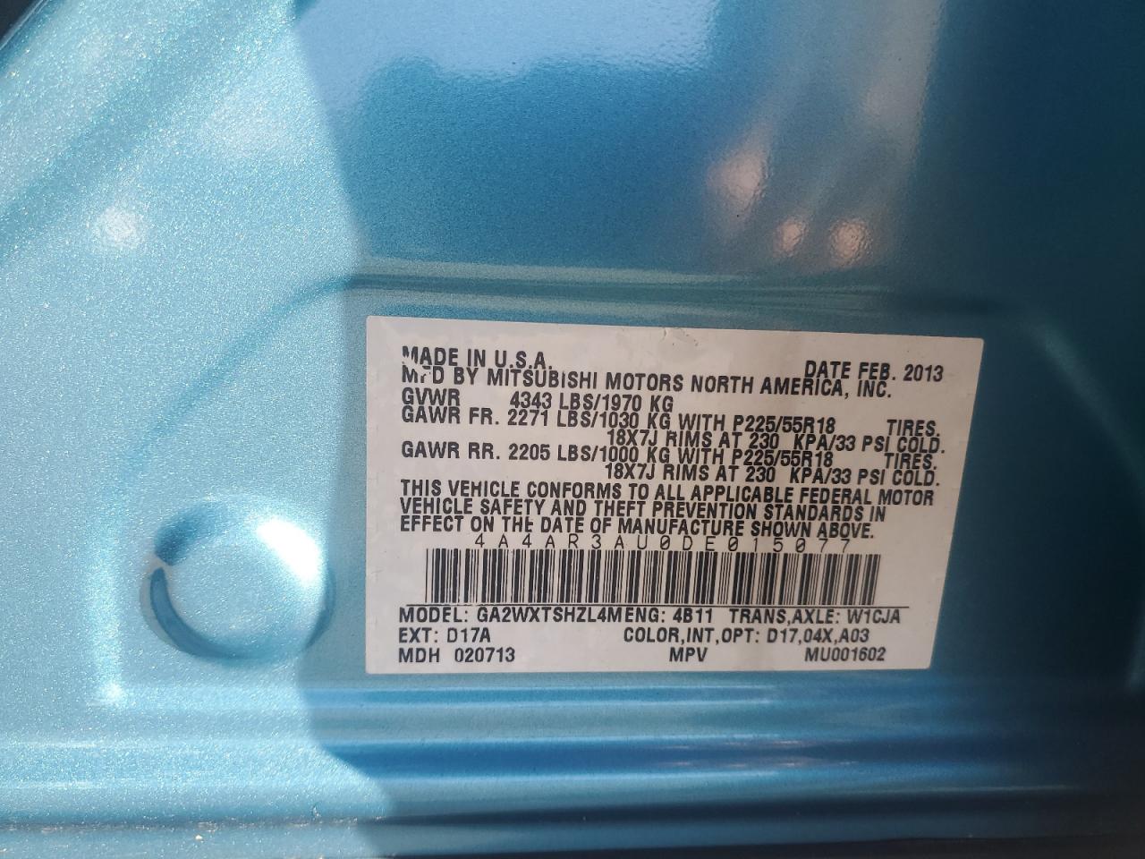 2013 Mitsubishi Outlander Sport Es VIN: 4A4AR3AU0DE015077 Lot: 93005545