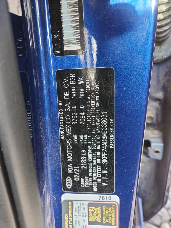2021 Kia Forte Fe VIN: 3KPF24AD8ME338031 Lot: 90108075