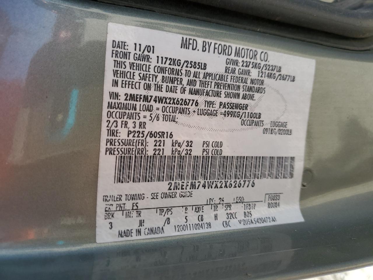 2002 Mercury Grand Marquis Gs VIN: 2MEFM74WX2X626776 Lot: 91607135