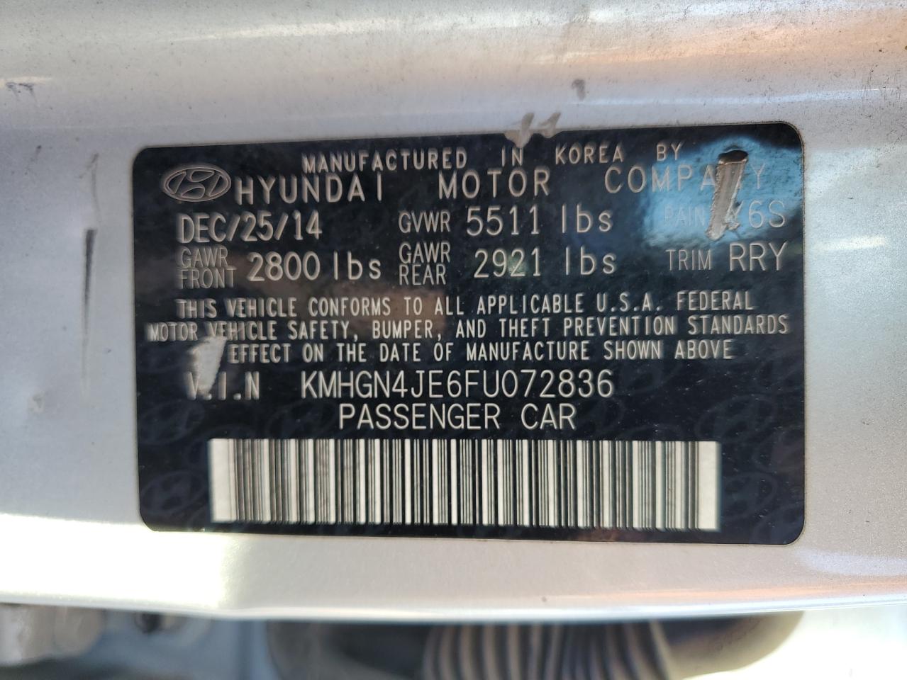 2015 Hyundai Genesis 3.8L VIN: KMHGN4JE6FU072836 Lot: 92810125