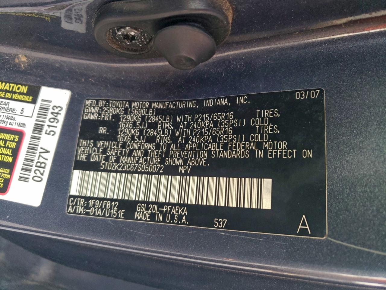 2007 Toyota Sienna Ce VIN: 5TDZK23C67S050072 Lot: 94070525