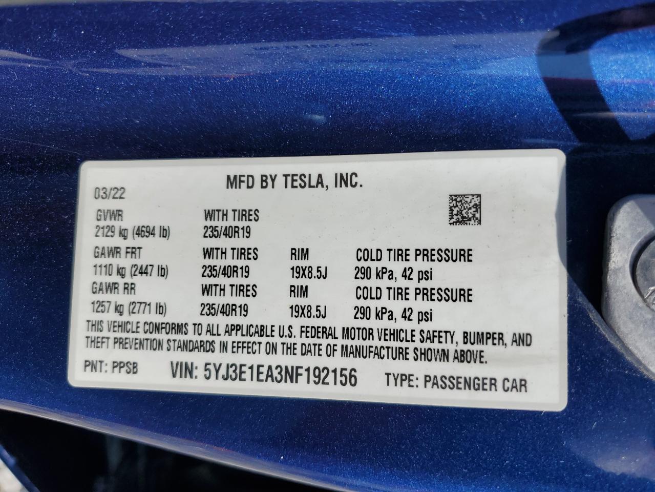 2022 Tesla Model 3 VIN: 5YJ3E1EA3NF192156 Lot: 90042375