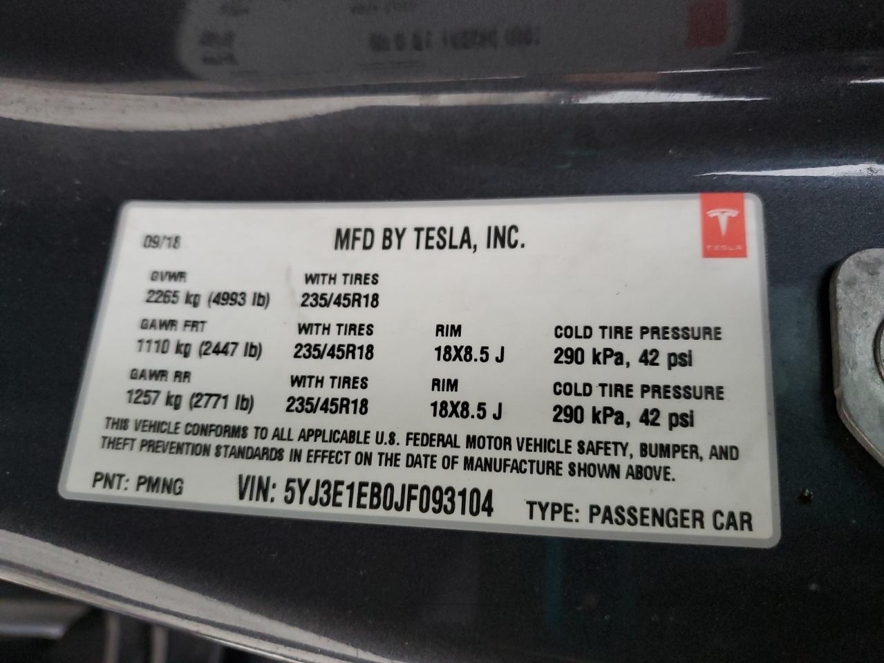 2018 Tesla Model 3 VIN: 5YJ3E1EB0JF093104 Lot: 93012655