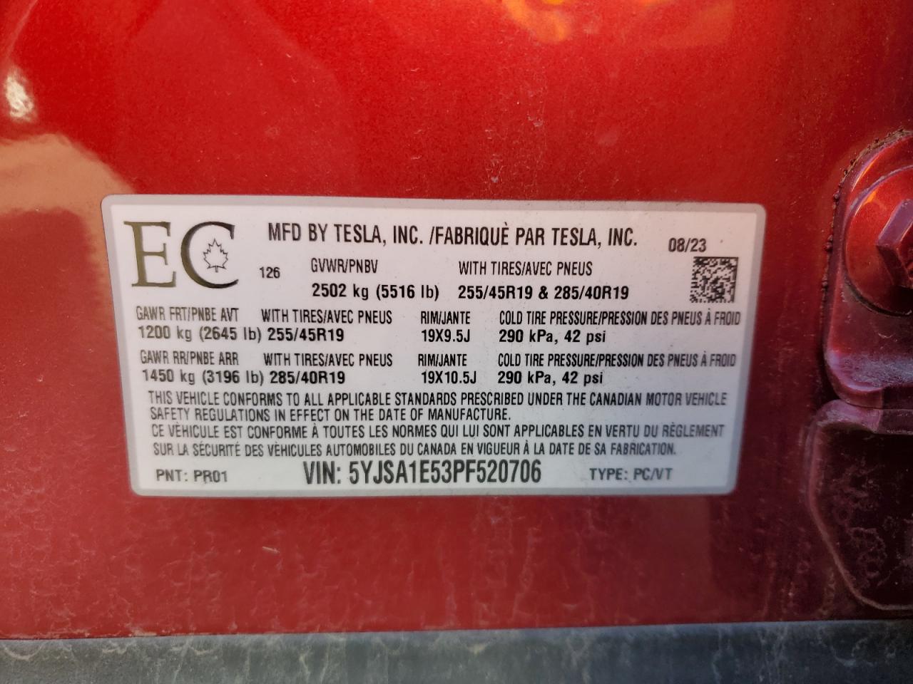 2023 Tesla Model S VIN: 5YJSA1E53PF520706 Lot: 92213385