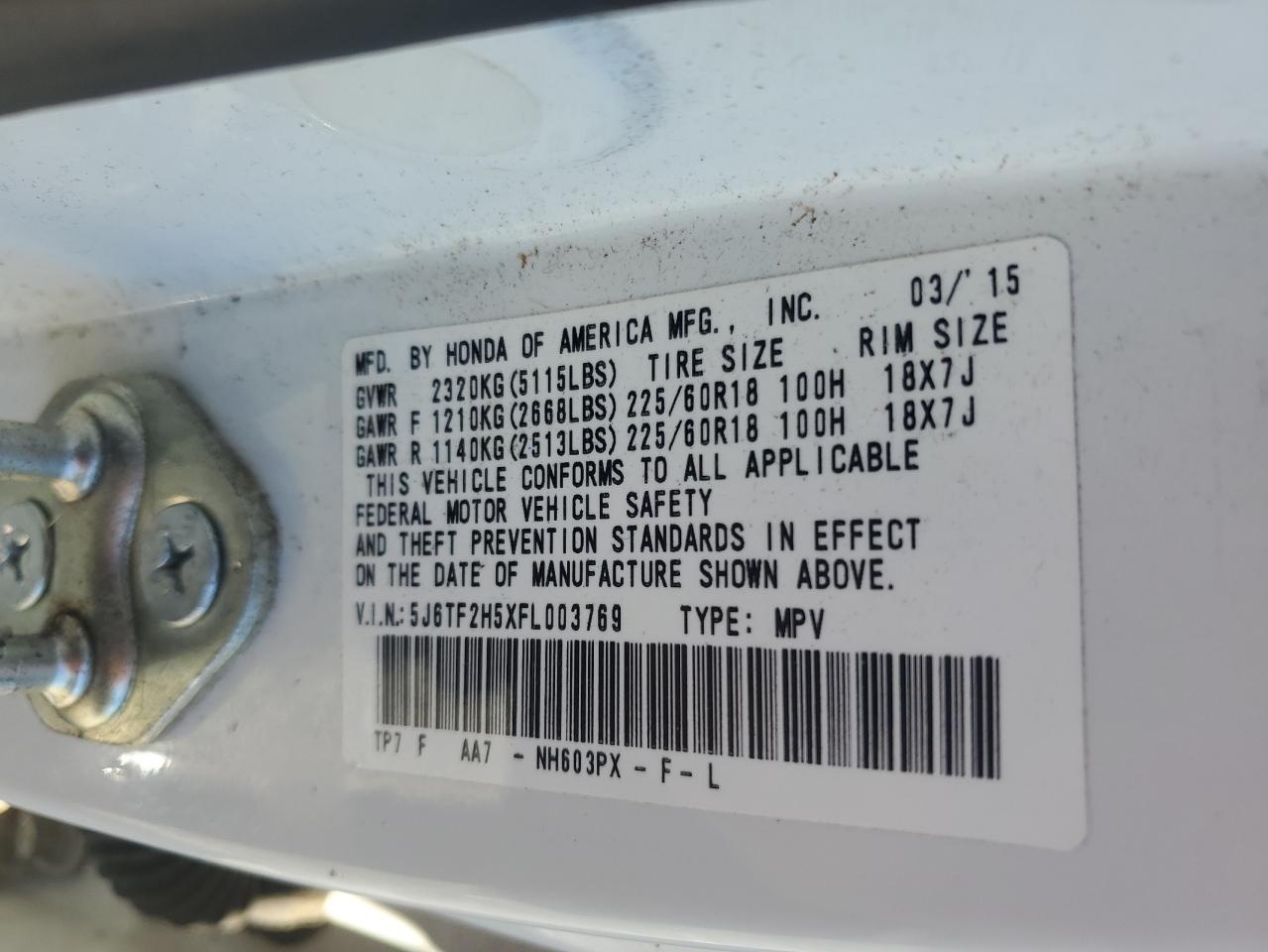 2015 Honda Crosstour Exl VIN: 5J6TF2H5XFL003769 Lot: 91220555