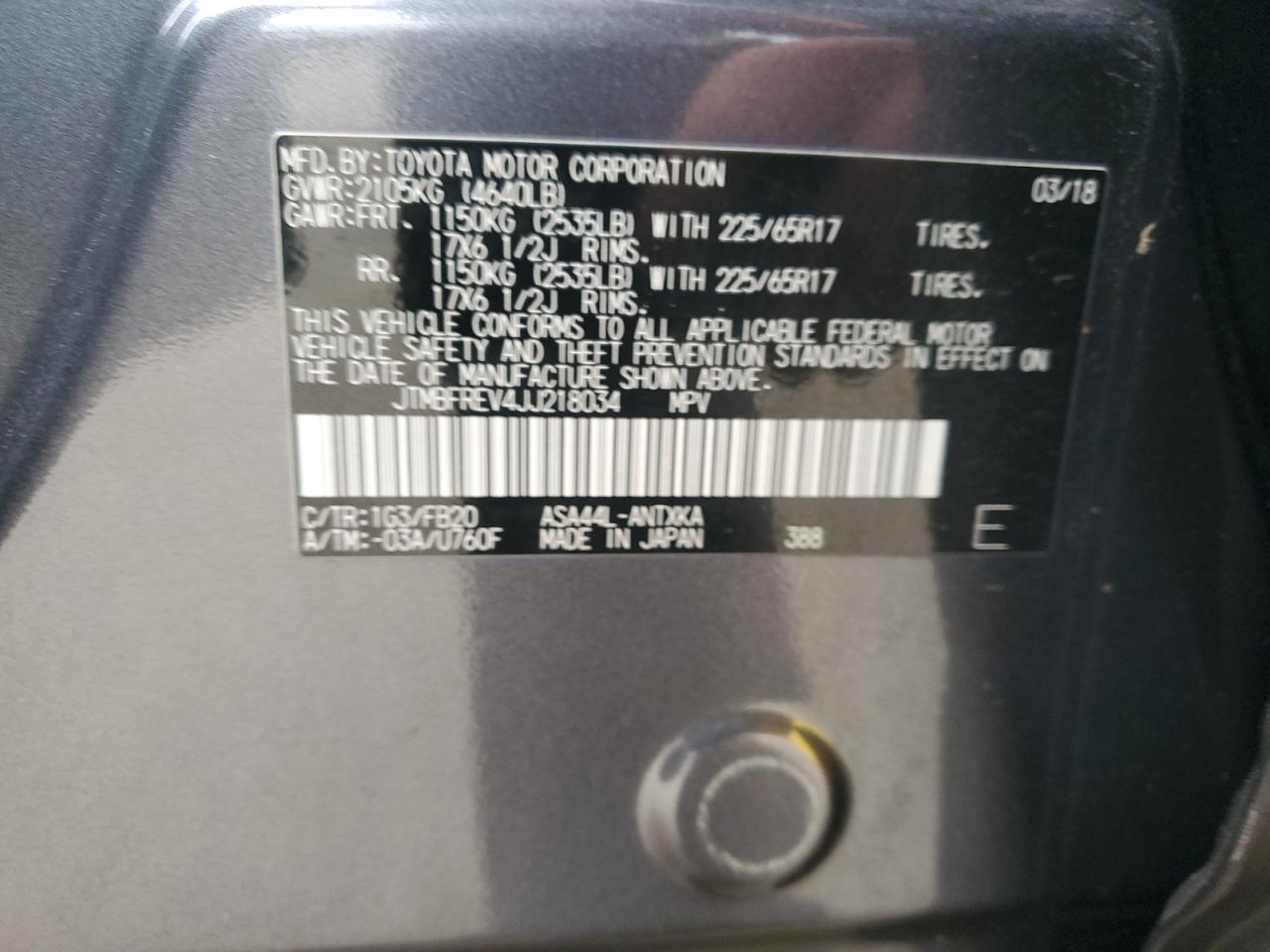 2018 Toyota Rav4 Le VIN: JTMBFREV4JJ218034 Lot: 92958815