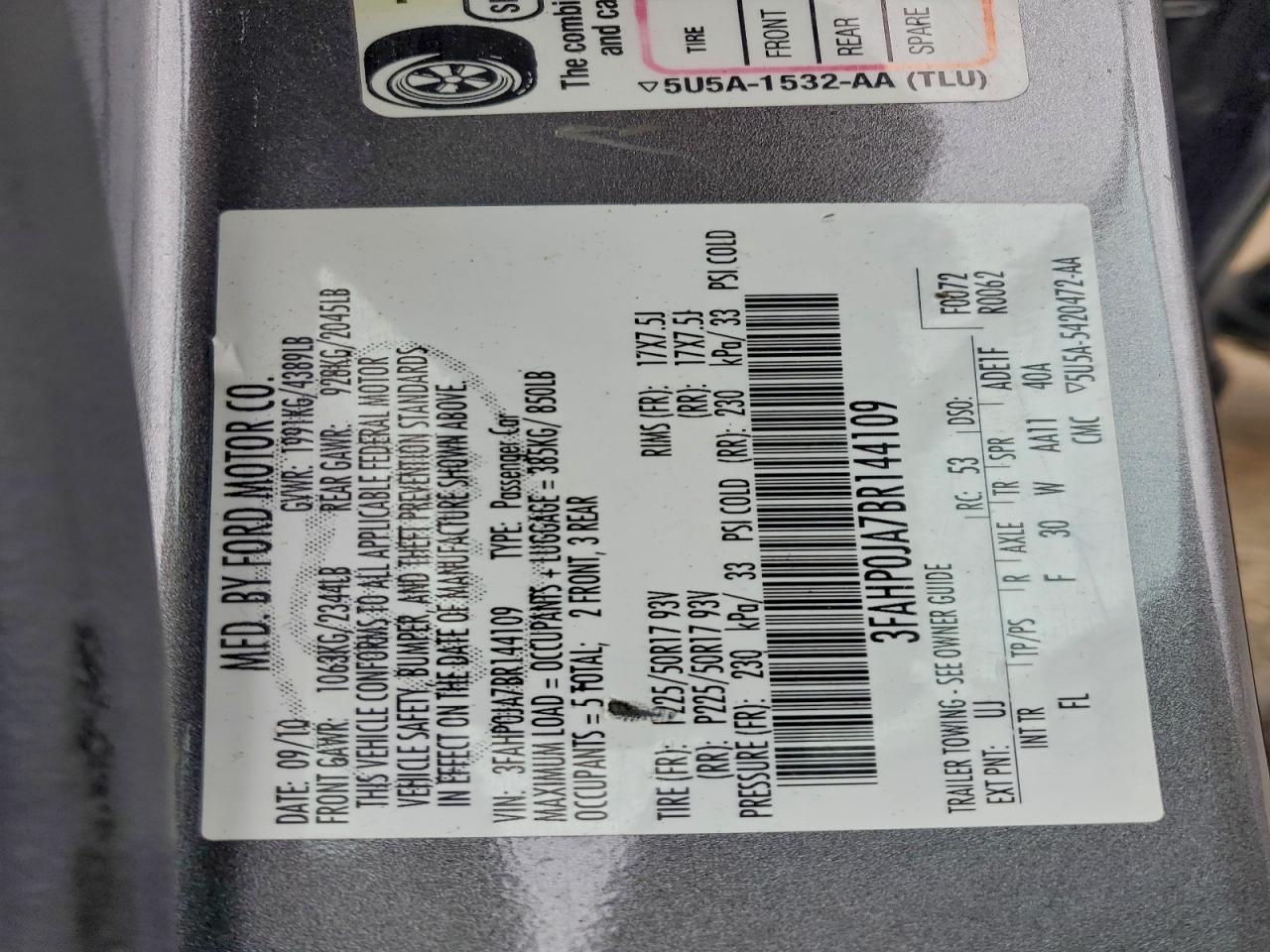 2011 Ford Fusion Sel VIN: 3FAHP0JA7BR144109 Lot: 93635015