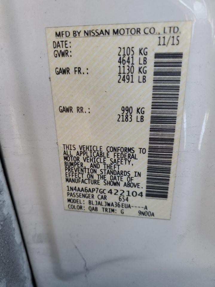 2016 Nissan Maxima 3.5S VIN: 1N4AA6AP7GC422104 Lot: 92525255