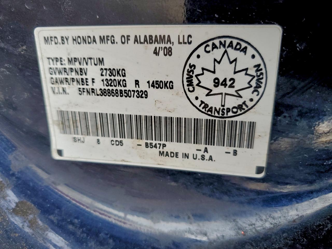 2008 Honda Odyssey Touring VIN: 5FNRL38868B507329 Lot: 93673385