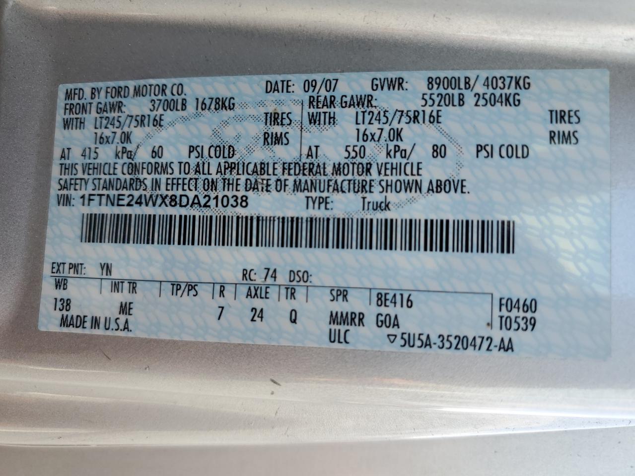 2008 Ford E250 Utility / Service Van VIN: 1FTNE24WX8DA21038 Lot: 91713495