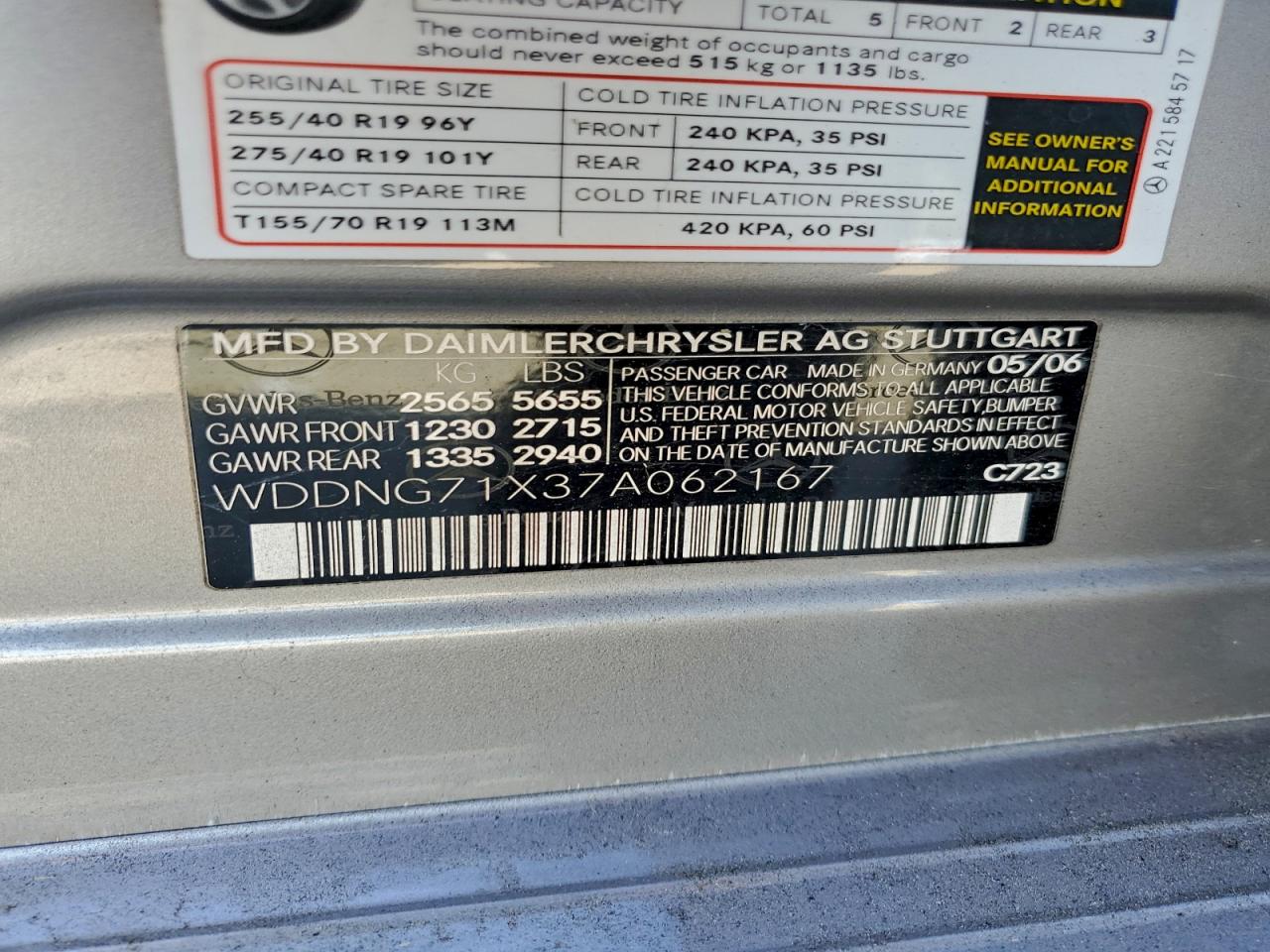 2007 Mercedes-Benz S 550 VIN: WDDNG71X37A062167 Lot: 93686115