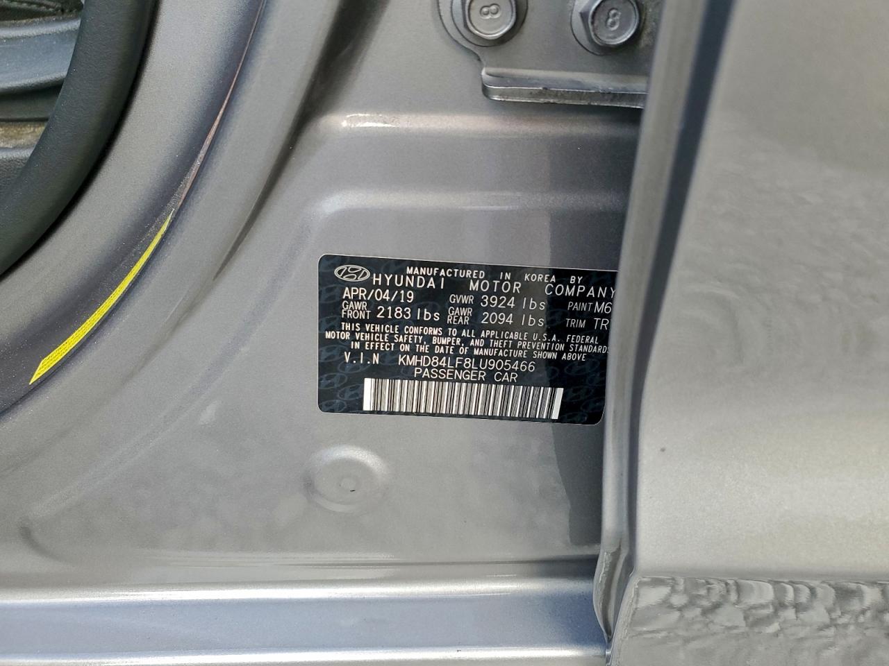 2020 Hyundai Elantra Sel VIN: KMHD84LF8LU905466 Lot: 94031095