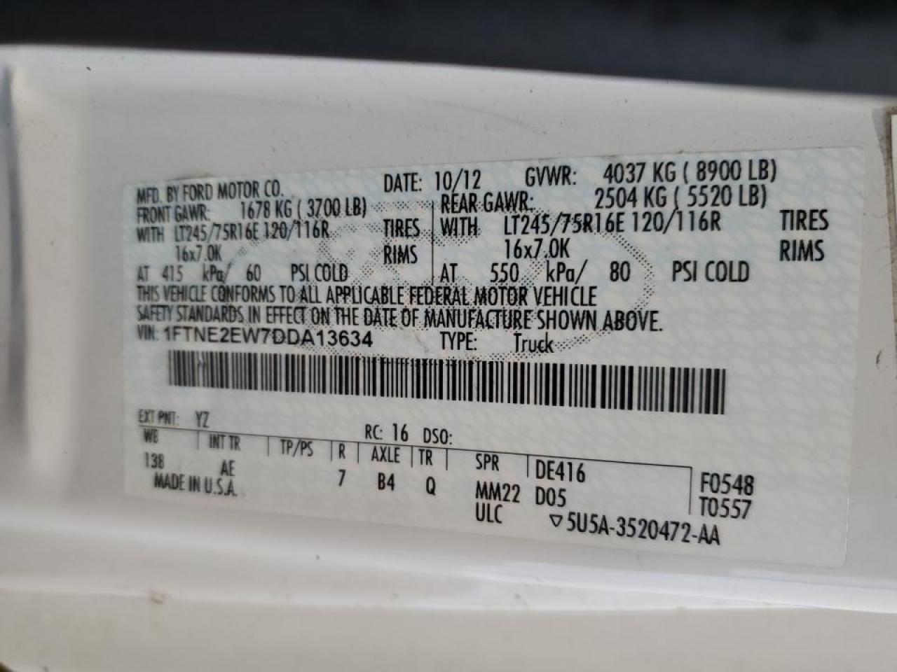 2013 Ford E250 Utility / Service Van VIN: 1FTNE2EW7DDA13634 Lot: 92635355