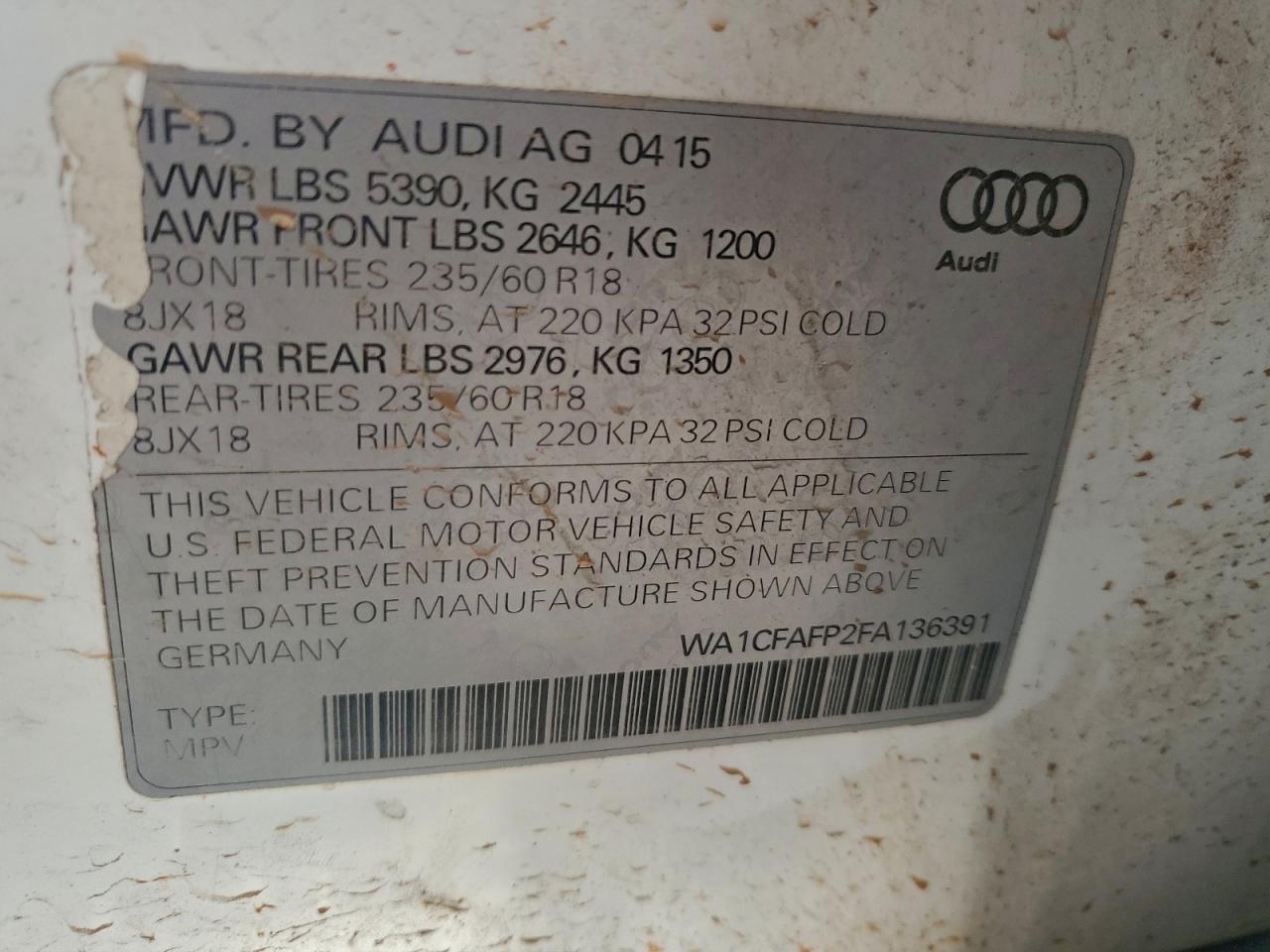2015 Audi Q5 Premium VIN: WA1CFAFP2FA136391 Lot: 94252265