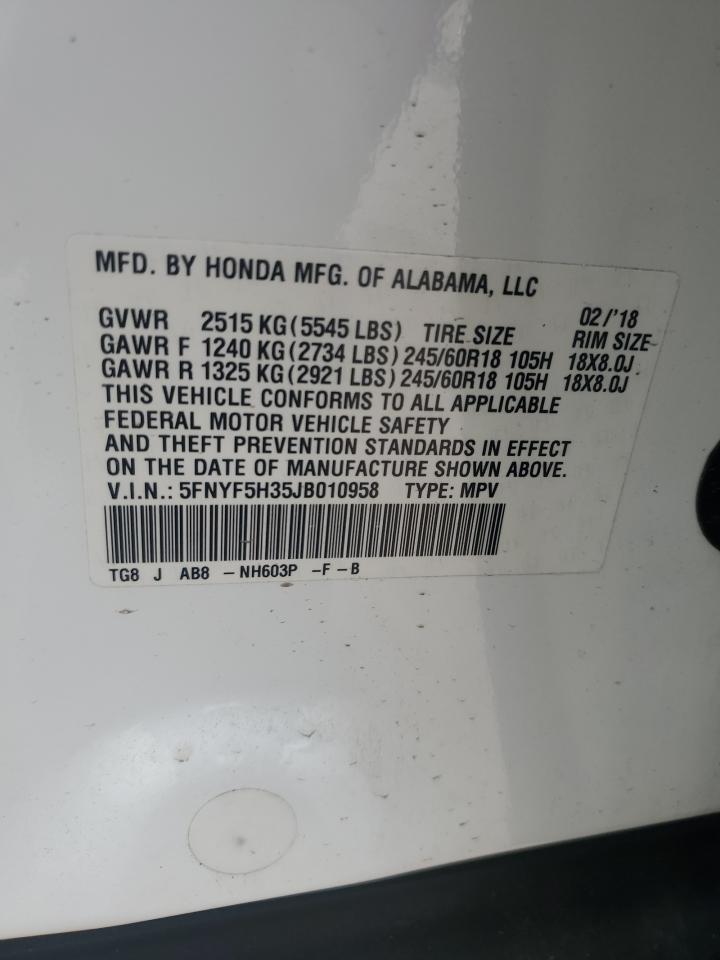 2018 Honda Pilot Ex VIN: 5FNYF5H35JB010958 Lot: 93075805