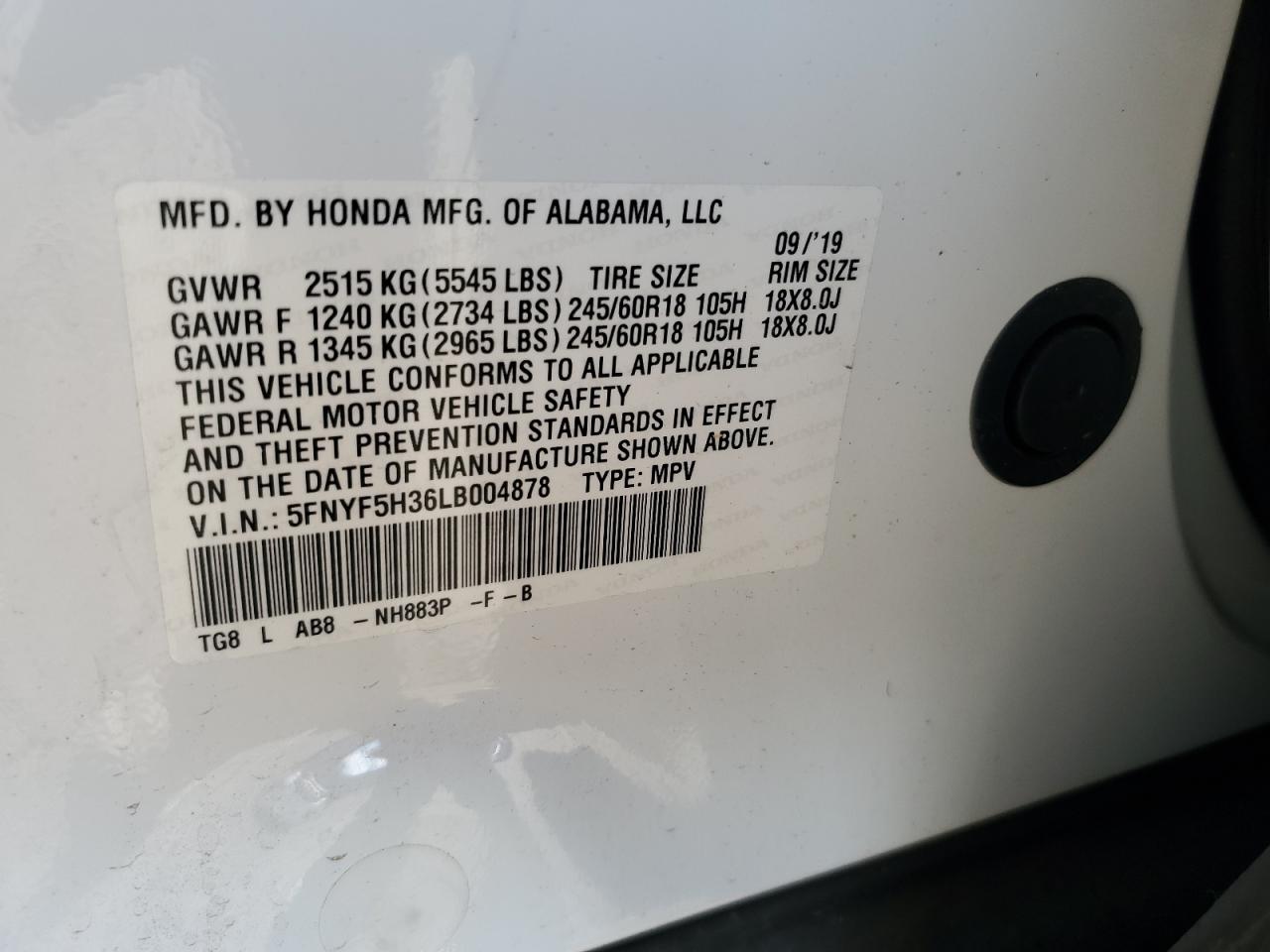 2020 Honda Pilot Ex VIN: 5FNYF5H36LB004878 Lot: 93502245