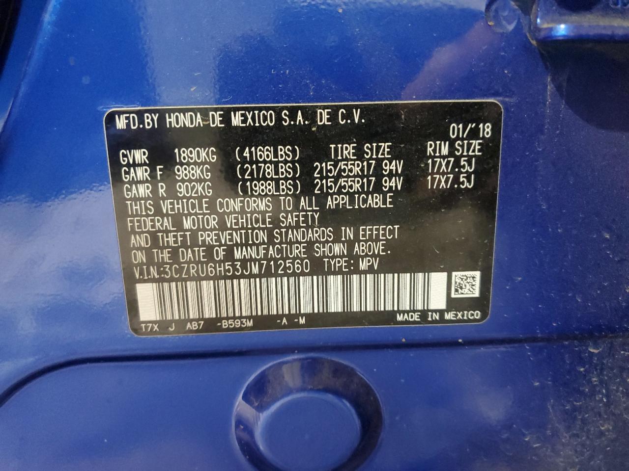 2018 Honda Hr-V Ex VIN: 3CZRU6H53JM712560 Lot: 93260745