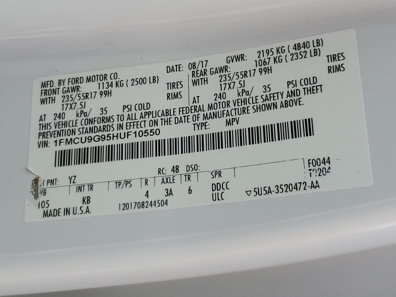 2017 Ford Escape Se VIN: 1FMCU9G95HUF10550 Lot: 91972095