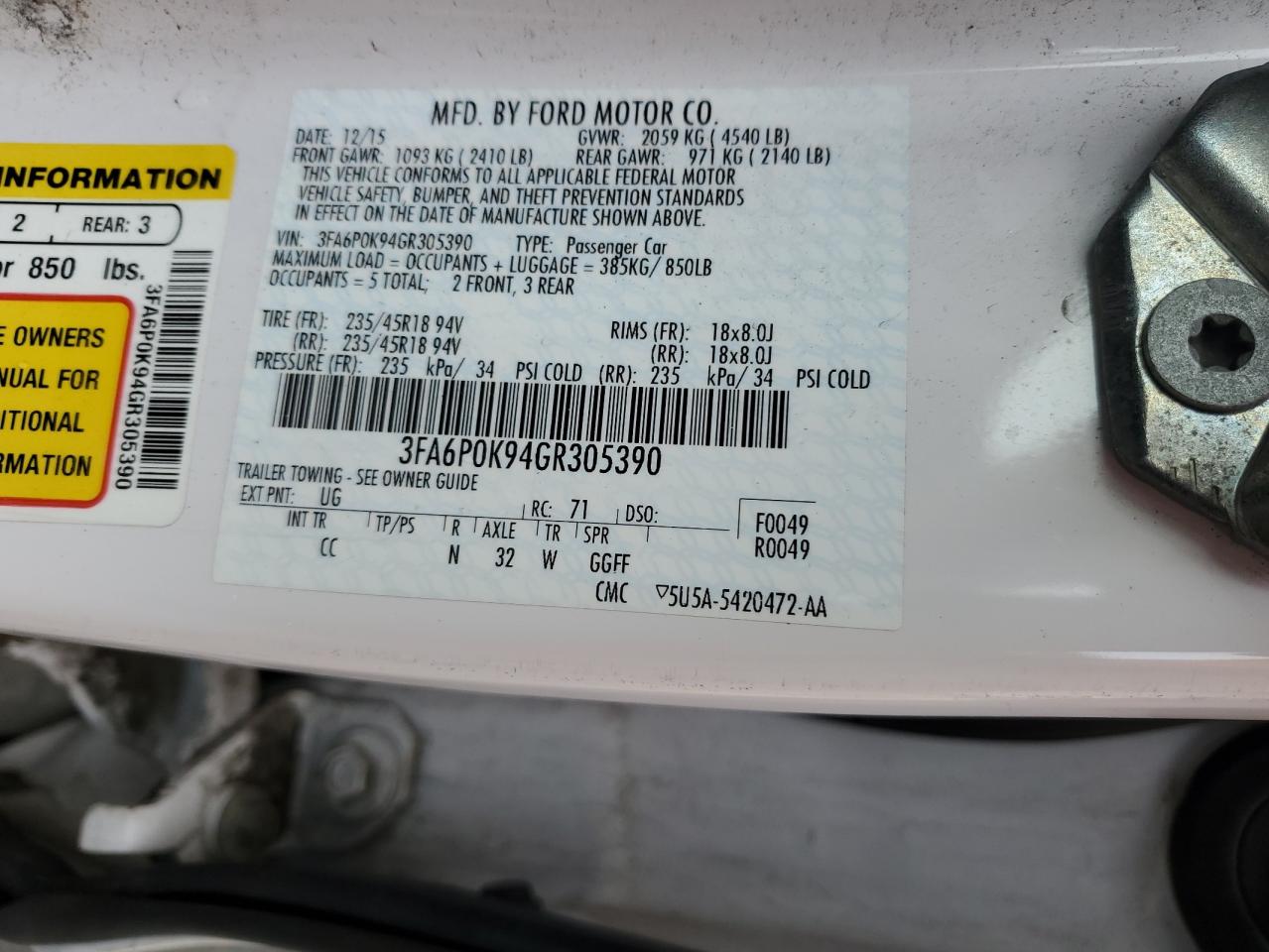 2016 Ford Fusion Titanium VIN: 3FA6P0K94GR305390 Lot: 91892605