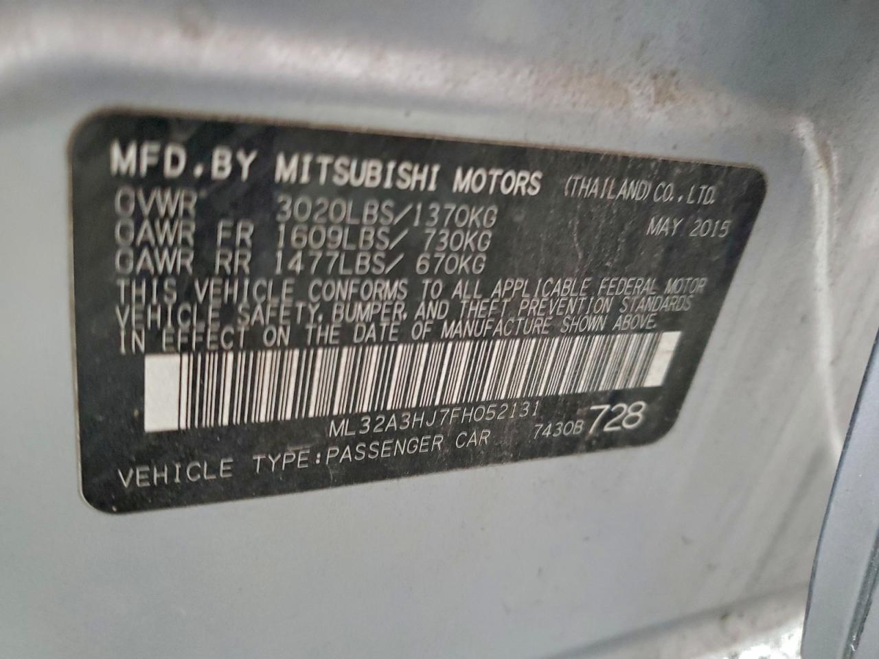 2015 Mitsubishi Mirage De VIN: ML32A3HJ7FH052131 Lot: 94190195