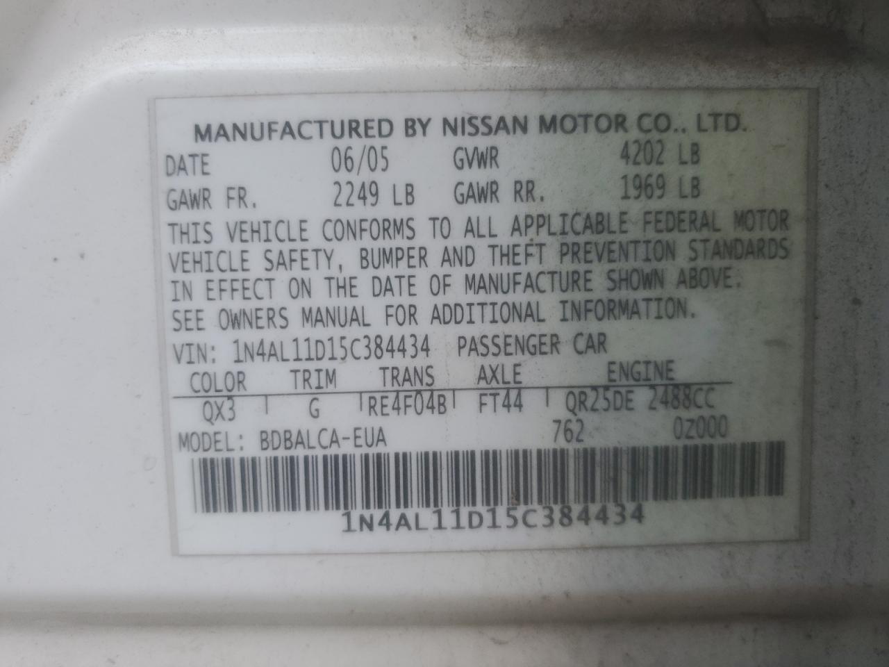 2005 Nissan Altima S VIN: 1N4AL11D15C384434 Lot: 92305405