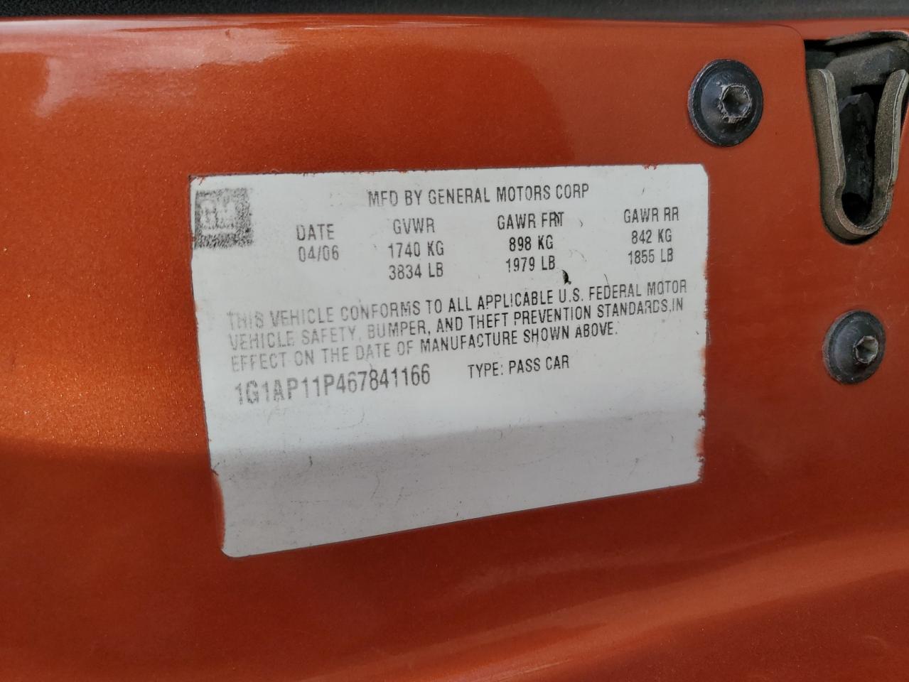 2006 Chevrolet Cobalt Ss Supercharged VIN: 1G1AP11P467841166 Lot: 92320335