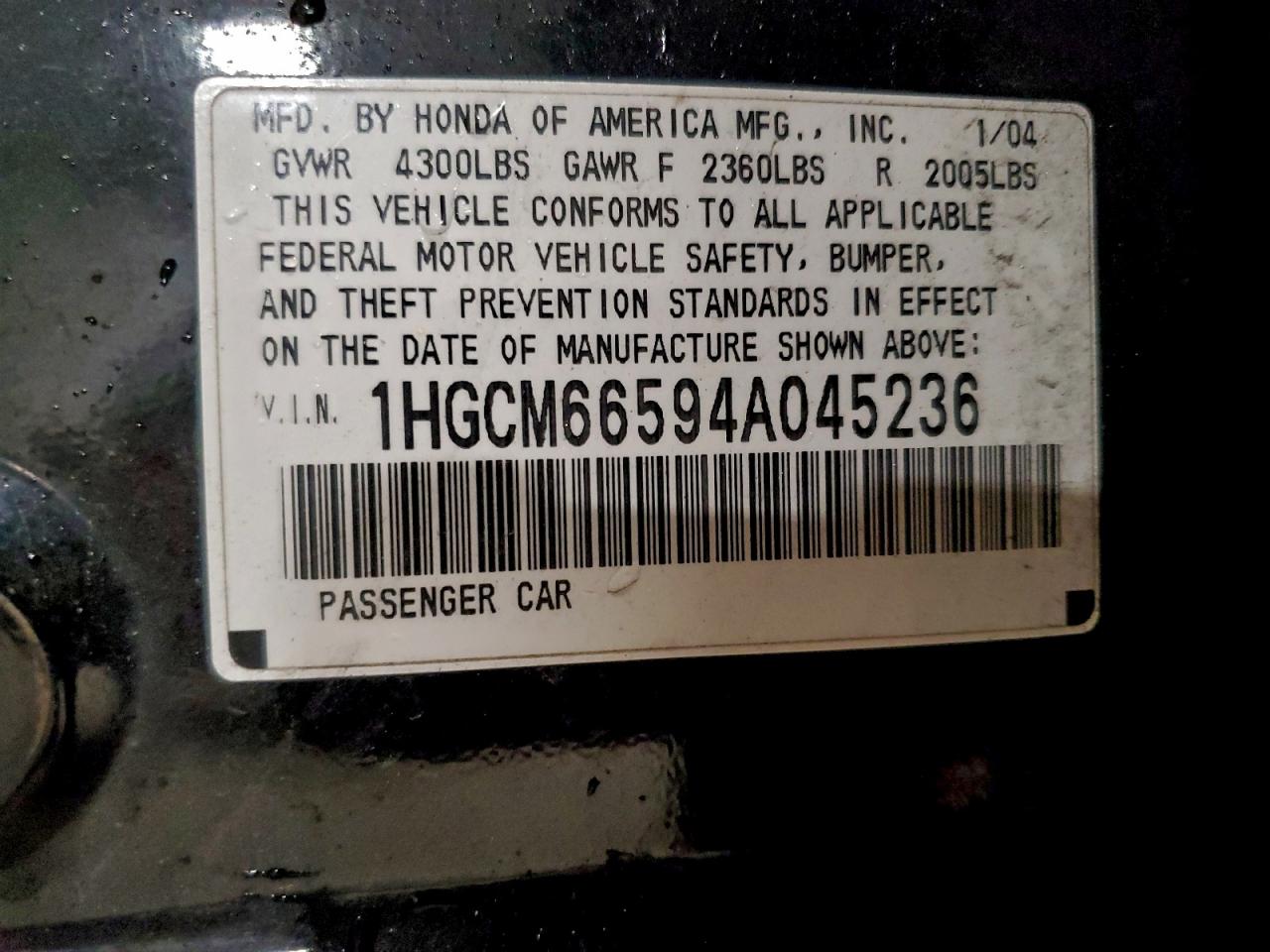 2004 Honda Accord Ex VIN: 1HGCM66594A045236 Lot: 94557435