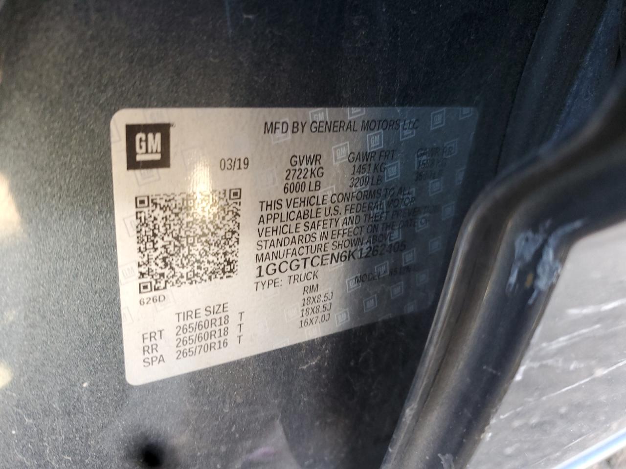 2019 Chevrolet Colorado Lt VIN: 1GCGTCEN6K1262405 Lot: 93008865