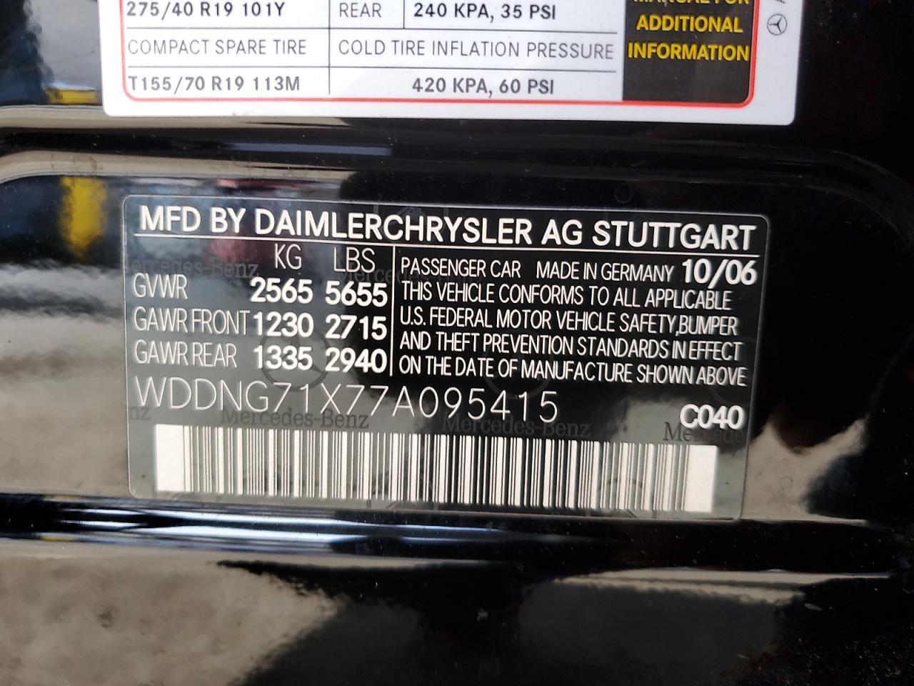 2007 Mercedes-Benz S 550 VIN: WDDNG71X77A095415 Lot: 93765985