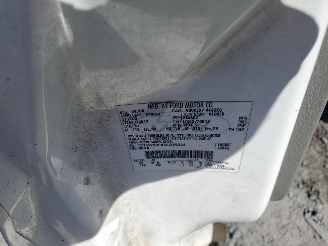 2005 Ford F250 Super Duty VIN: 1FTSW20P45EA59224 Lot: 90263785