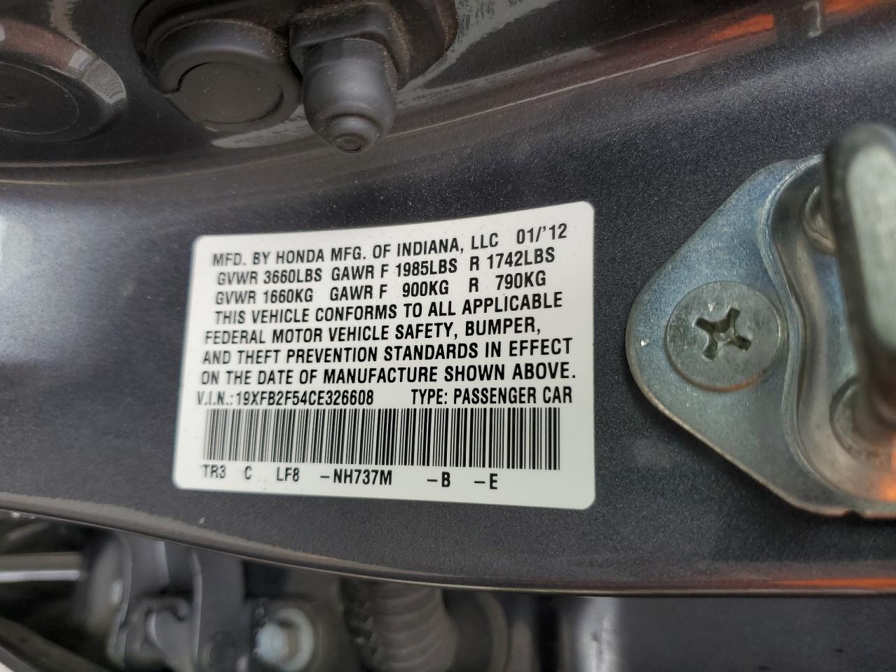 2012 Honda Civic Lx VIN: 19XFB2F54CE326608 Lot: 93270005