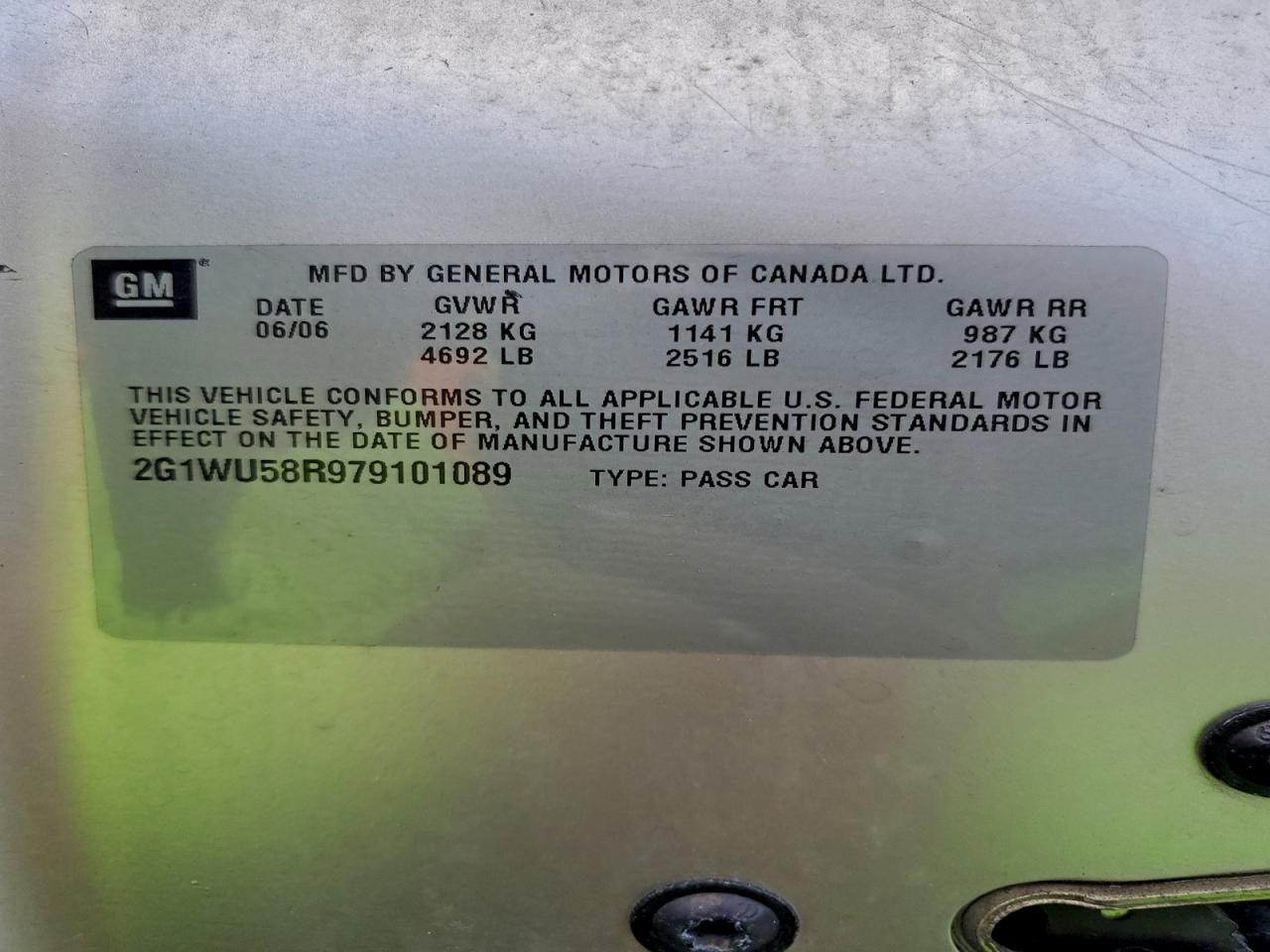 2007 Chevrolet Impala Ltz VIN: 2G1WU58R979101089 Lot: 94689345