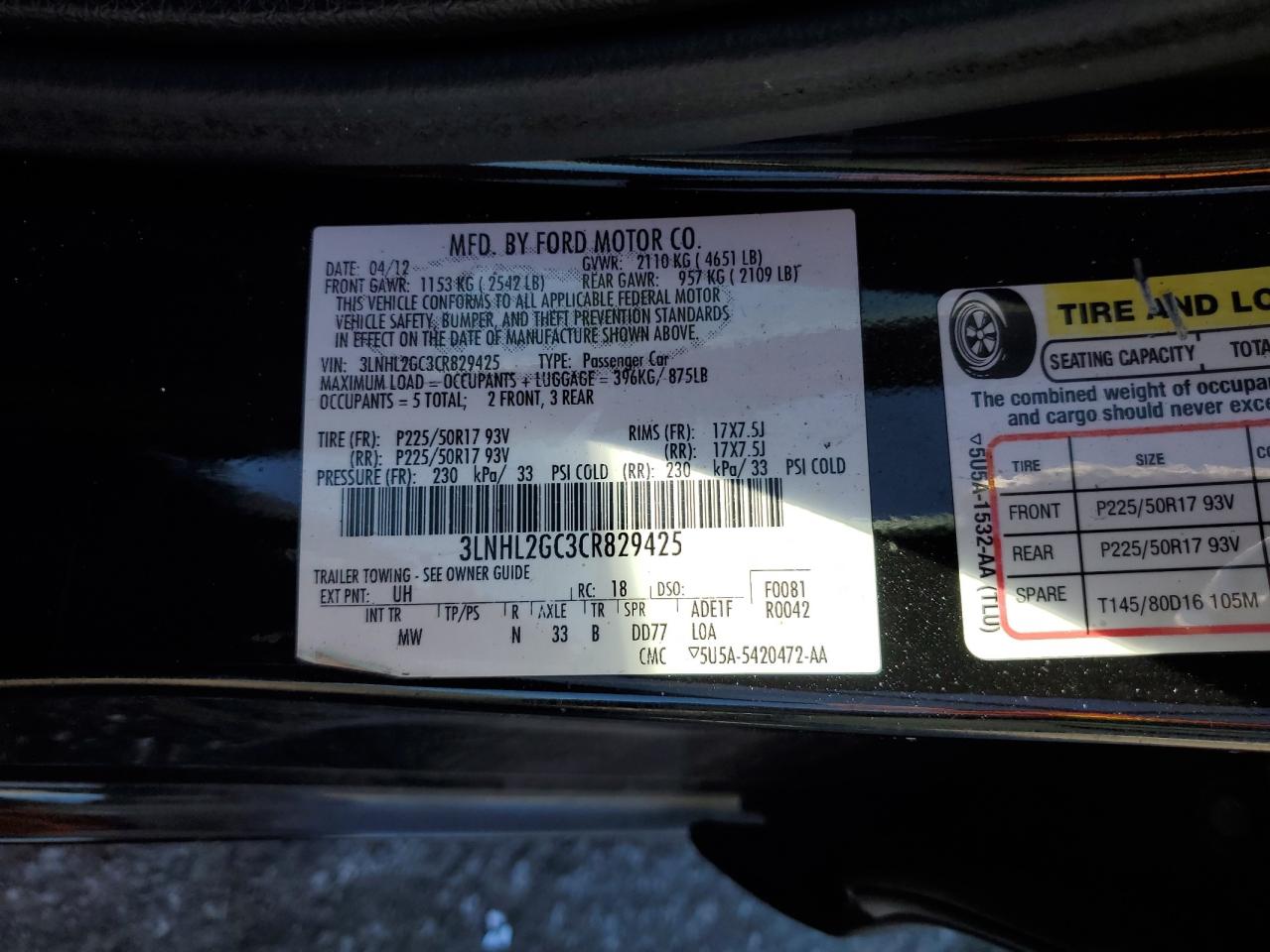 2012 Lincoln Mkz VIN: 3LNHL2GC3CR829425 Lot: 93270885