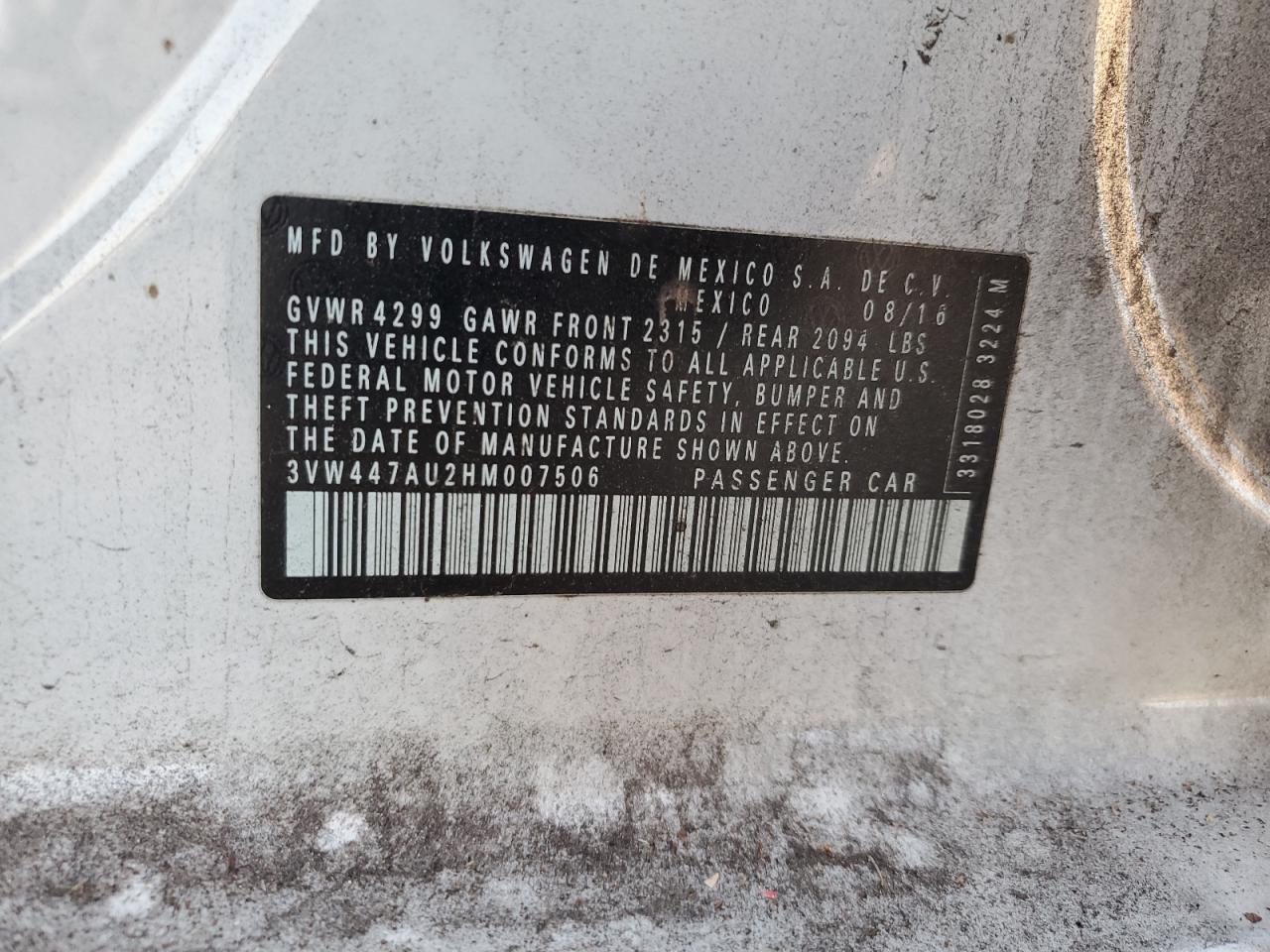 2017 Volkswagen Gti S/Se VIN: 3VW447AU2HM007506 Lot: 92668965
