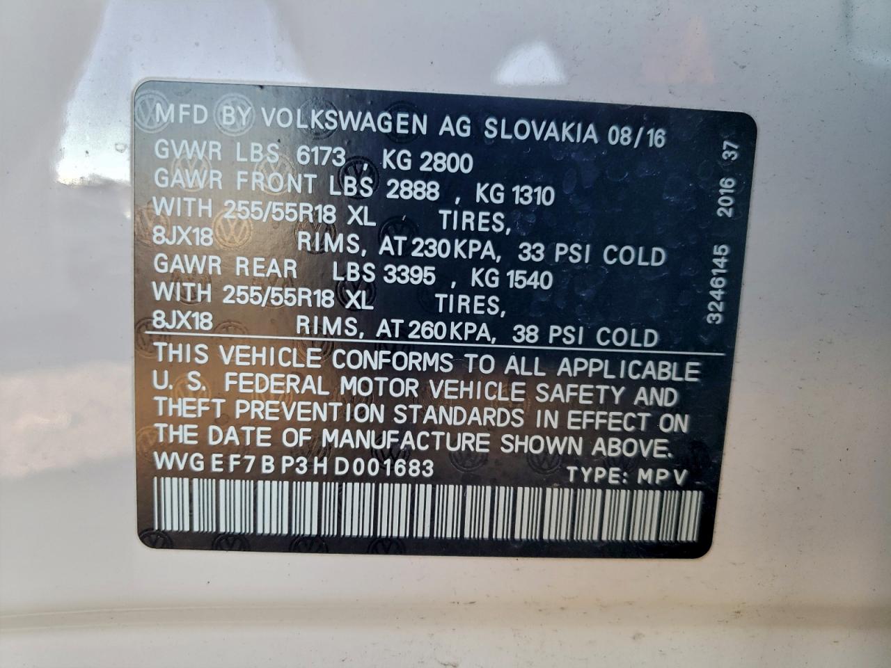 2017 Volkswagen Touareg Sport VIN: WVGEF7BP3HD001683 Lot: 93839785