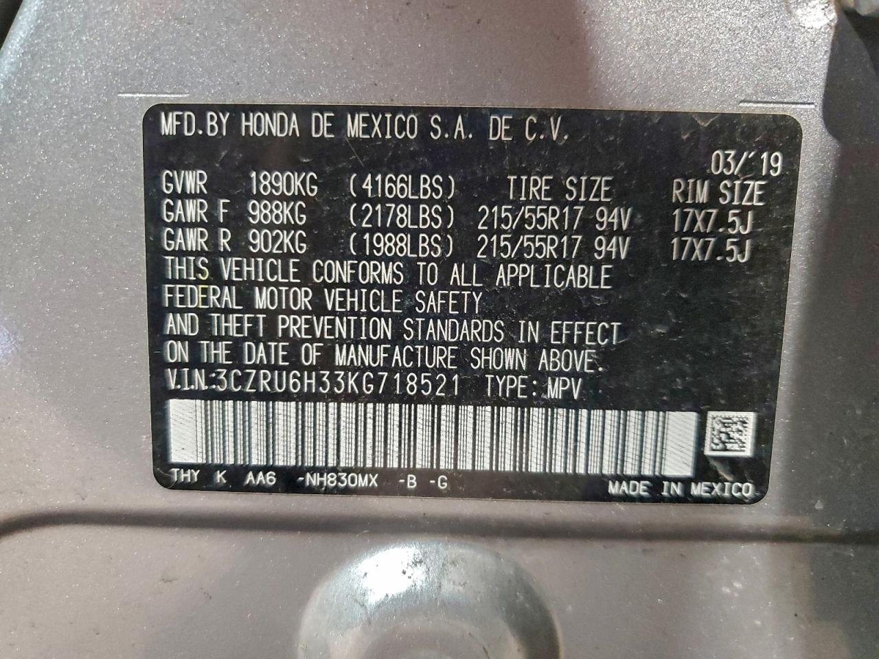 2019 Honda Hr-V Lx VIN: 3CZRU6H33KG718521 Lot: 94697105