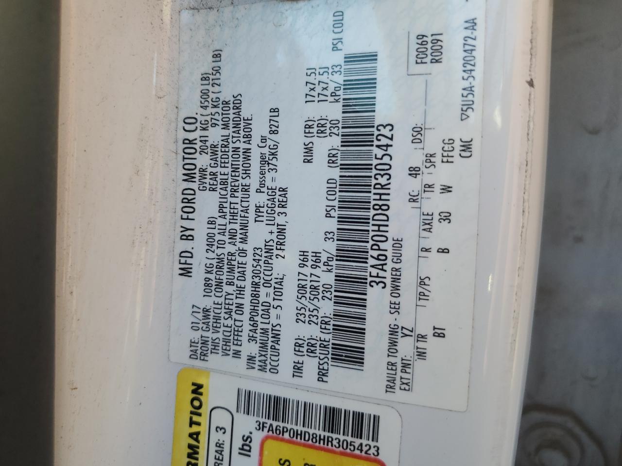 2017 Ford Fusion Se VIN: 3FA6P0HD8HR305423 Lot: 92041485