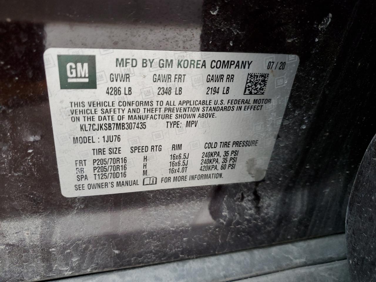 2021 Chevrolet Trax Ls VIN: KL7CJKSB7MB307435 Lot: 92668225