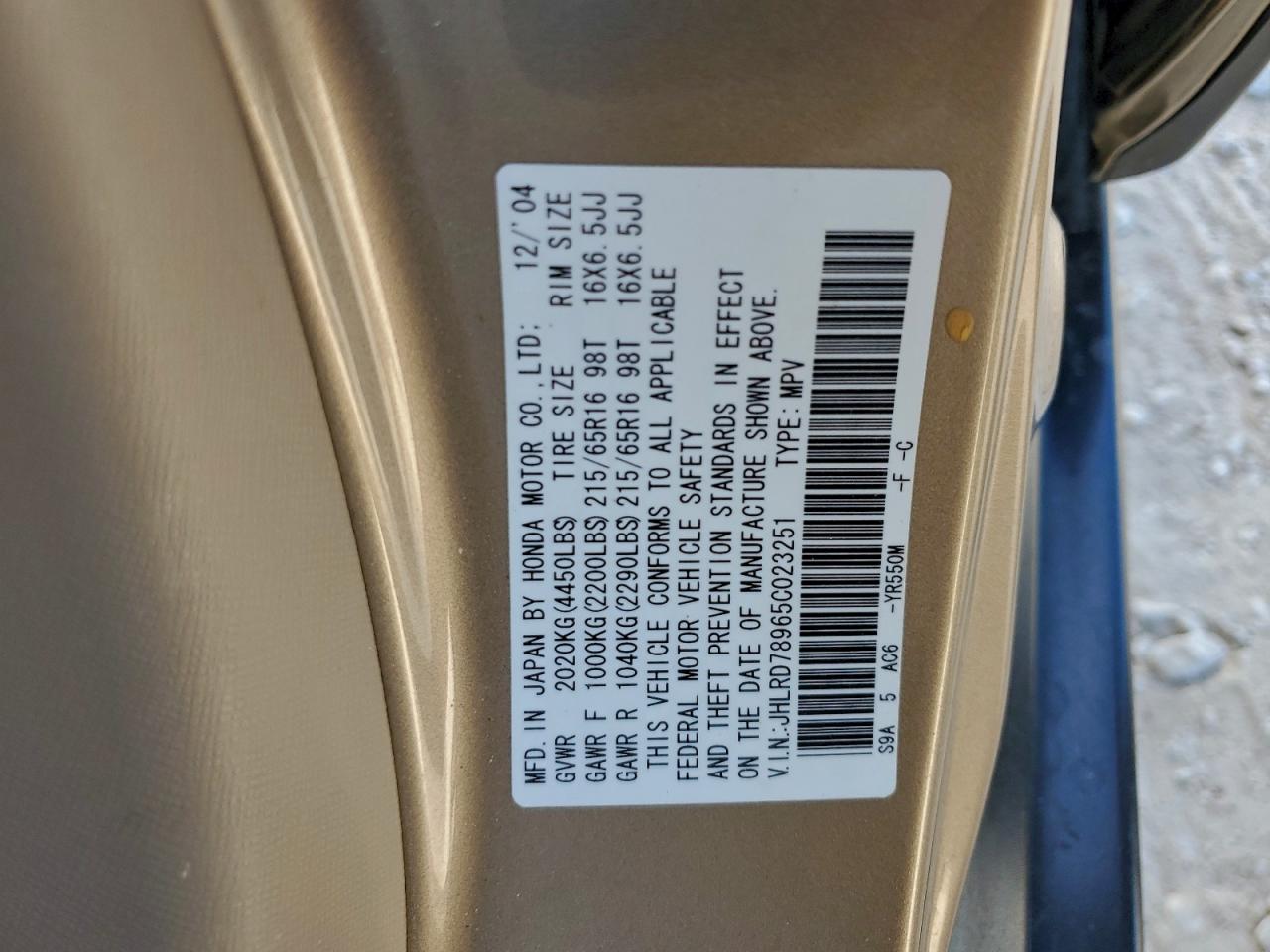 2005 Honda Cr-V Se VIN: JHLRD78965C023251 Lot: 94536865