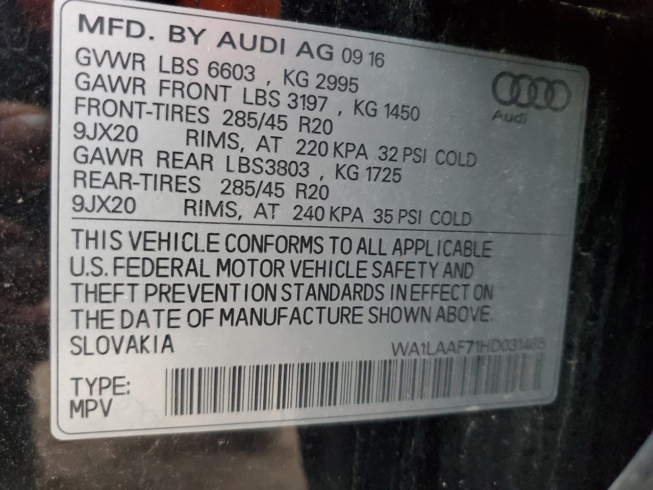 2017 Audi Q7 Premium Plus VIN: WA1LAAF71HD031485 Lot: 86287615