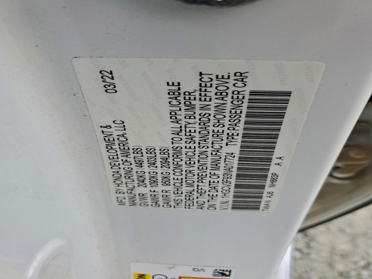 2022 Honda Accord Touring Hybrid VIN: 1HGCV3F93NA017724 Lot: 94267025