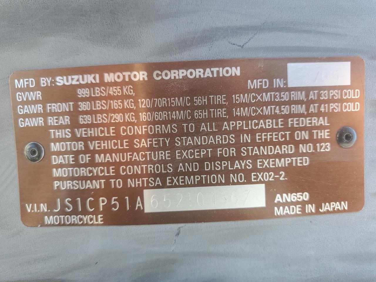 2005 Suzuki An650 K3 VIN: JS1CP51A652101367 Lot: 92422795