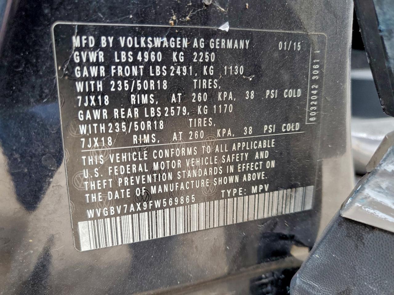 2015 Volkswagen Tiguan S VIN: WVGBV7AX9FW569865 Lot: 94718435