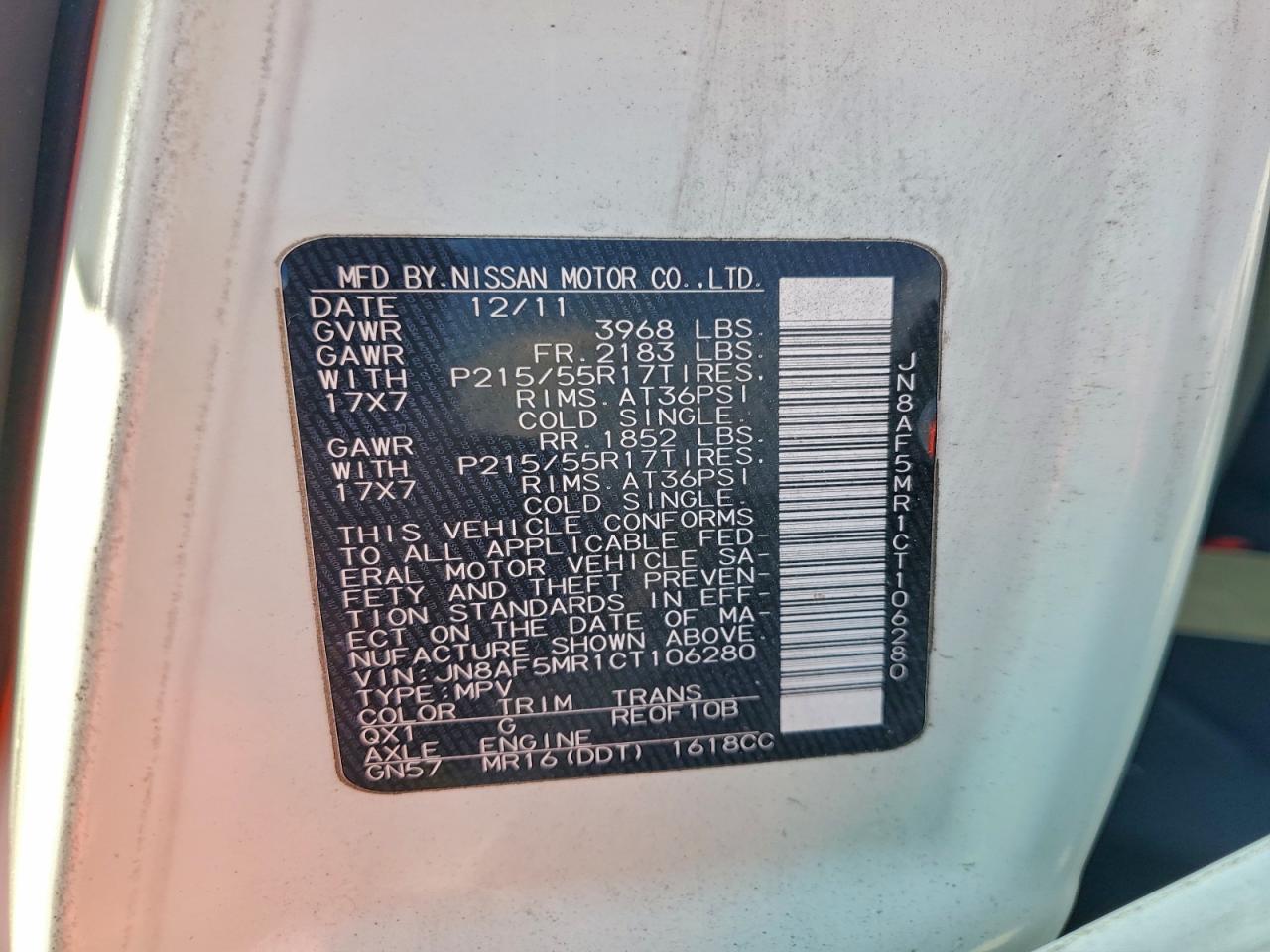 2012 Nissan Juke S VIN: JN8AF5MR1CT106280 Lot: 94206225