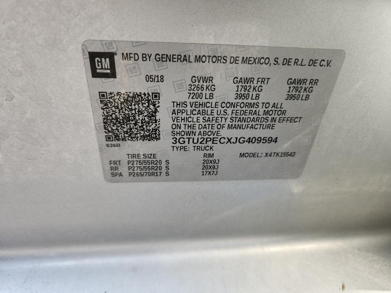 2018 GMC Sierra K1500 Denali VIN: 3GTU2PECXJG409594 Lot: 91228475