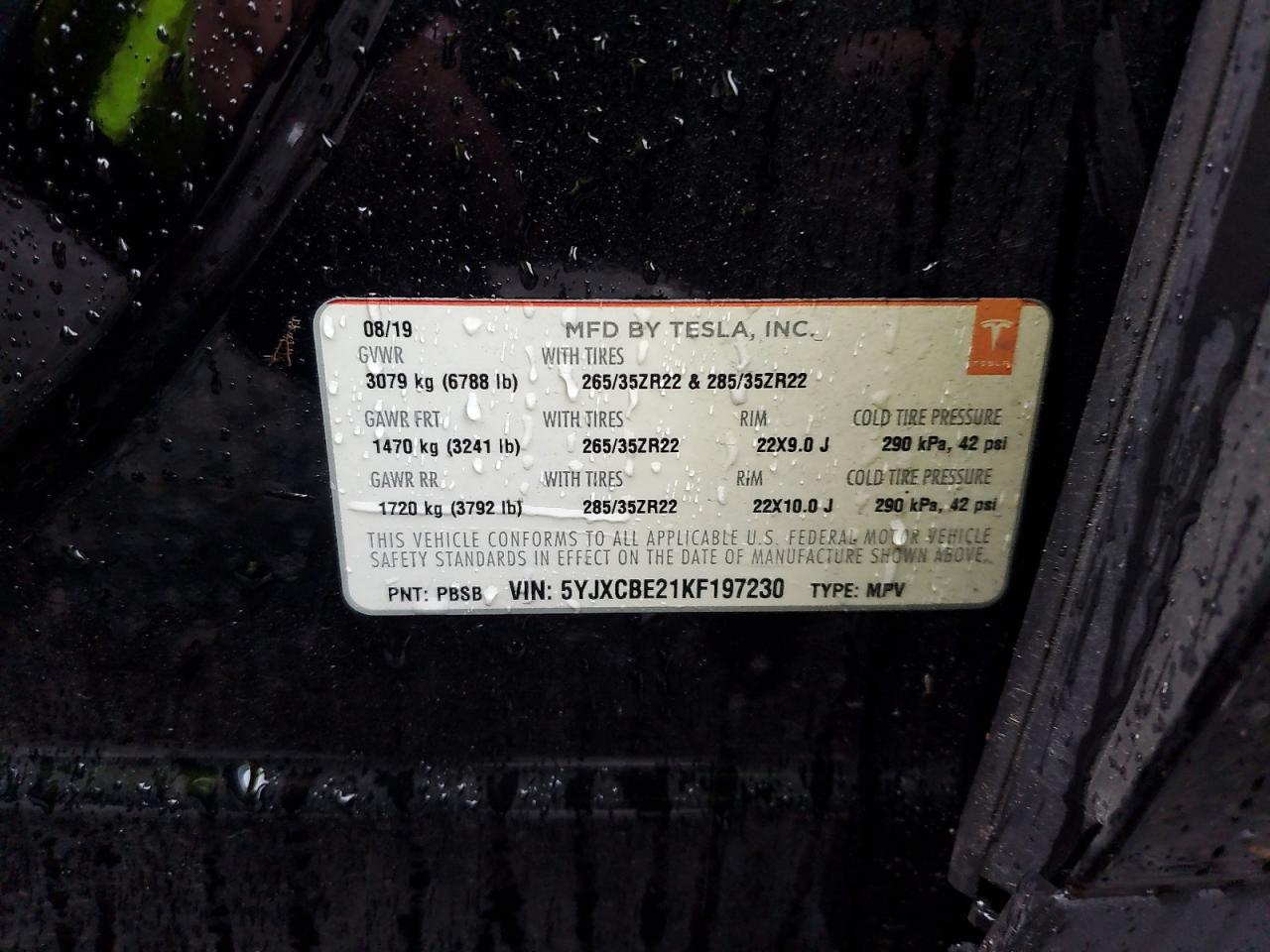 2019 Tesla Model X VIN: 5YJXCBE21KF197230 Lot: 92727875