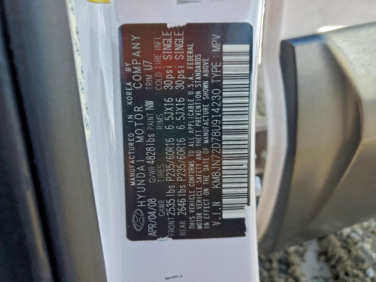 2008 Hyundai Tucson Se VIN: KM8JN72D78U914230 Lot: 94143395